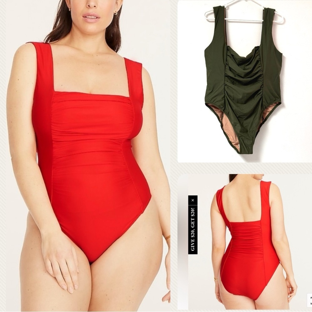 J. Crew Ruched Squareneck One-Piece‎ – Safari/ Green, Size 20
